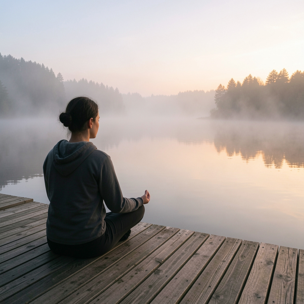 Person practicing mindful awareness in a peaceful natural setting